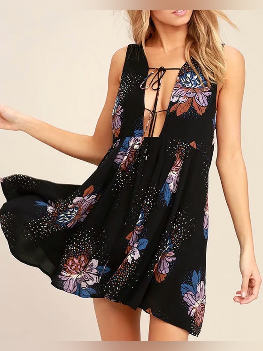 Free People Lovely Day Black Floral Print Dress